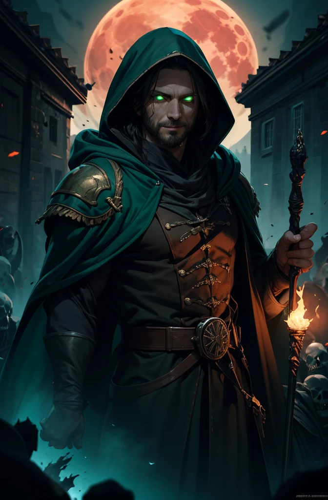 (masterpiece, highly detailed, artstation, absurdres, fantasy), dynamic pose, cowboy shot, solo, mature man, necromancer, face in shadow, Broad smile, (slight:1.5), short beard, (glowing green eyes:1.2), dark magic, staff, torn robe, hood, (the army of skeletons:1.1), blood moon, outdoors, village on fire, world of victorious evil, darkness, sharp focus, cinematic composition,  