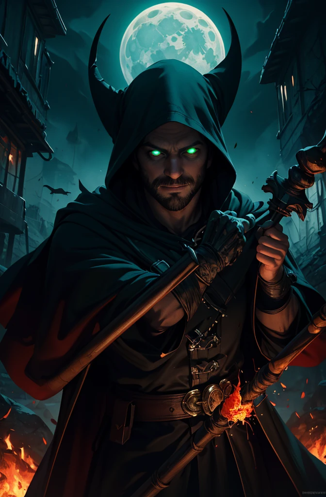 (masterpiece, highly detailed, artstation, absurdres, fantasy), dynamic pose, cowboy shot, solo, mature man, necromancer, face in shadow, Broad smile, (slight:1.5), short beard, (glowing green eyes:1.2), dark magic, staff, torn robe, hood, (the army of skeletons:1.1), blood moon, outdoors, village on fire, world of victorious evil, darkness, sharp focus, cinematic composition,  