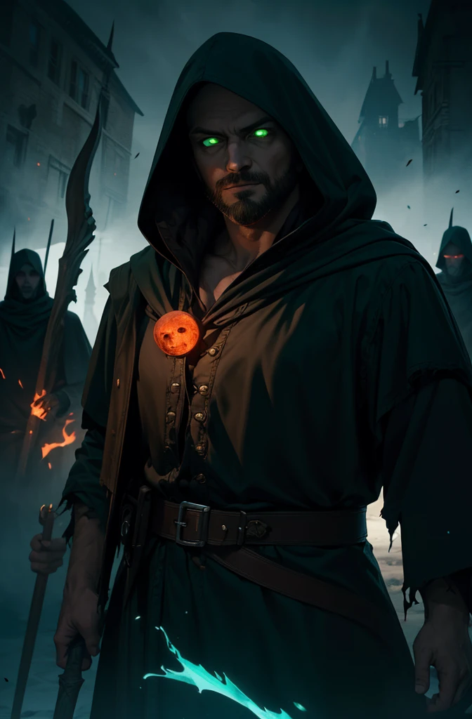 (masterpiece, highly detailed, artstation, absurdres, fantasy), dynamic pose, cowboy shot, solo, mature man, necromancer, face in shadow, Broad smile, (slight:1.5), short beard, (glowing green eyes:1.2), dark magic, staff, torn robe, hood, (the army of skeletons:1.1), blood moon, outdoors, village on fire, world of victorious evil, darkness, sharp focus, cinematic composition,  