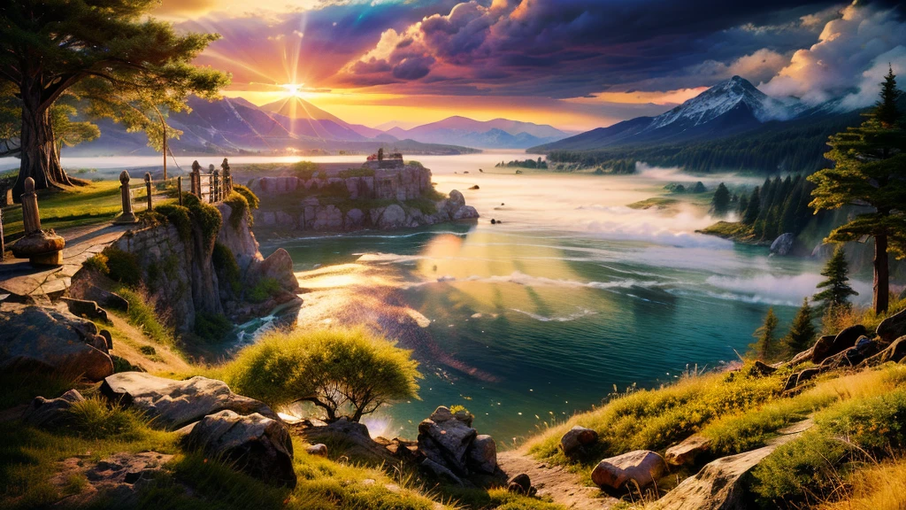 ancient dragon enjoying the view of, a large deep clear glowing blue lake with, island in the centre, in a valley with huge dramatic mountains towering in the distance,fantasy fairytale scenery, rocks plants flowers shrubs trees moss lawns grass redwoods,colourful sunset storm and strong sunbeams,misty hazy,extreme details,photorealistic,4k,HD,beautiful,nature, dreamy, imaginative