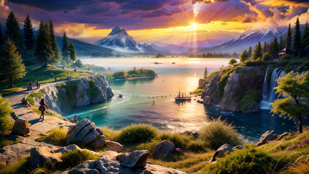 ancient dragon enjoying the view of, a large deep clear glowing blue lake with, island in the centre, in a valley with huge dramatic mountains towering in the distance,fantasy fairytale scenery, rocks plants flowers shrubs trees moss lawns grass redwoods,colourful sunset storm and strong sunbeams,misty hazy,extreme details,photorealistic,4k,HD,beautiful,nature, dreamy, imaginative