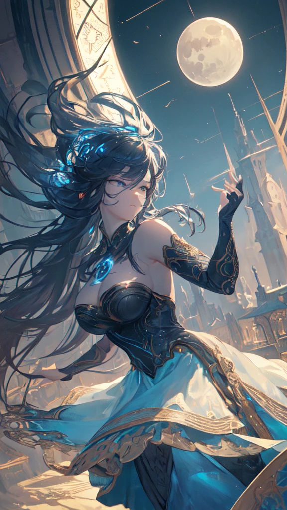 (masterpiece, Highest quality, Very detailed, Best Shadow), (Detailed Background,Dark fantasy), (Beautifully detailed landscapes), High Contrast, (Best lighting, Very delicate and beautiful), ((Cinematic Light)), colorful, Hyper Detail, Dramatic Light, Intricate details, Dynamic Angle), Black light swirling around, Depth of written boundary,black light particles,(Broken glass),magic circle,water,huge clocks,zero,the sun and the moon,Landscape only,There are no people,Watch Center,A clock sinking in water,Blue glowing light,Huge tower and city,Landscape,青く輝く光,天の川