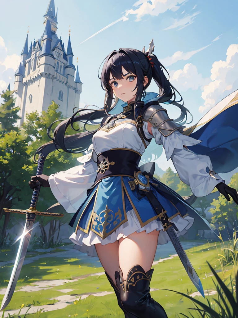 1girl, sword, wearing blue armor, castle, tall grass, absurdres, high res, ultrasharp, 8K, masterpiece, looking at viewer, genshin