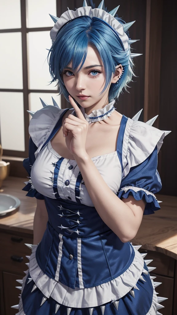 ((16 Nights Sakiya)), ((Touhou Project)), Cosplay, 20-year-old woman, (((blue hair)), ((medium spiky hair)), ((maid outfit)), ((white blouse)), midchest, (light)))), (pose))), (photorealistic photo: 1.3), rim lighting, (high detail skin:1.2), 8K UHD, dslr, high quality, high resolution, 4K, 8K, Bokeh, Absurdity, Best ratio four fingers and one thumb, (Real:1.3), Cutest 1 Girl, Lots of Knives