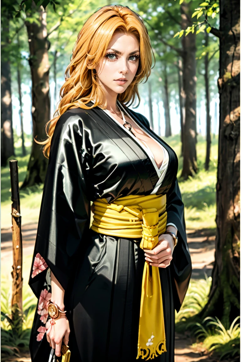 1 girls, (standing alone:1.3), (cowboy shot:1.3), (looking ahead at viewer:1.2), (Poster:1.3)
matsumoto rangiku, long hair, necklase, (black kimono:1.3), fully dressed, neckleace, range, Broad Hips, mature woman, deep neckleace, necklase between breasts, hair blonde, hair orange, (Breasts huge:1.2), (curved:1.3), (gorgeous eyes:1.2), break sakimichan, (realistic shading:1.2), semi-realistic proportions, smooth shading, minimal lineart
break intricate details, (work of art:1.3), (best qualityer:1.3), (Perfect Anatomia:1.4) break, (out:1.2), (Path in the woods:1.2), Trees, temperate climate, giorno