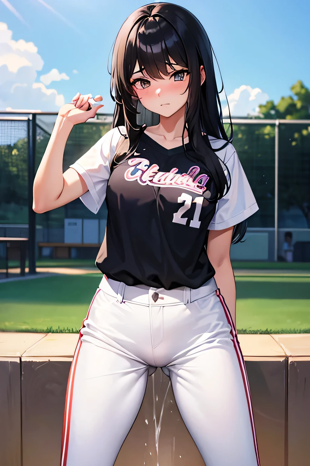 A tall 4th grade elementary school student in a softball club with long black hair and white long pants is embarrassed when the ball hits her crotch and she leaks a shiny urine.