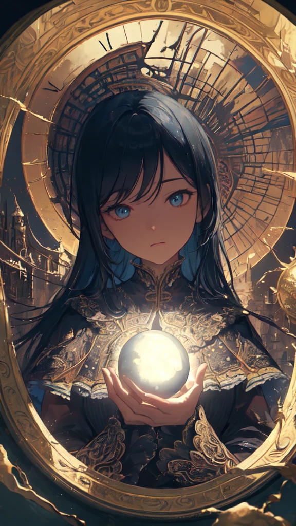 (masterpiece, Highest quality, Very detailed, Best Shadow), (Detailed Background,Dark fantasy), (Beautifully detailed landscapes), High Contrast, (Best lighting, Very delicate and beautiful), ((Cinematic Light)), colorful, Hyper Detail, Dramatic Light, Intricate details, Dynamic Angle), Black light swirling around, Depth of written boundary,black light particles,(Broken glass),magic circle,water,huge clocks,zero,the sun and the moon,Landscape only,There are no people,Watch Center,A clock sinking in water,Blue glowing light,Huge tower and city,Landscape,青く輝く光,天の川