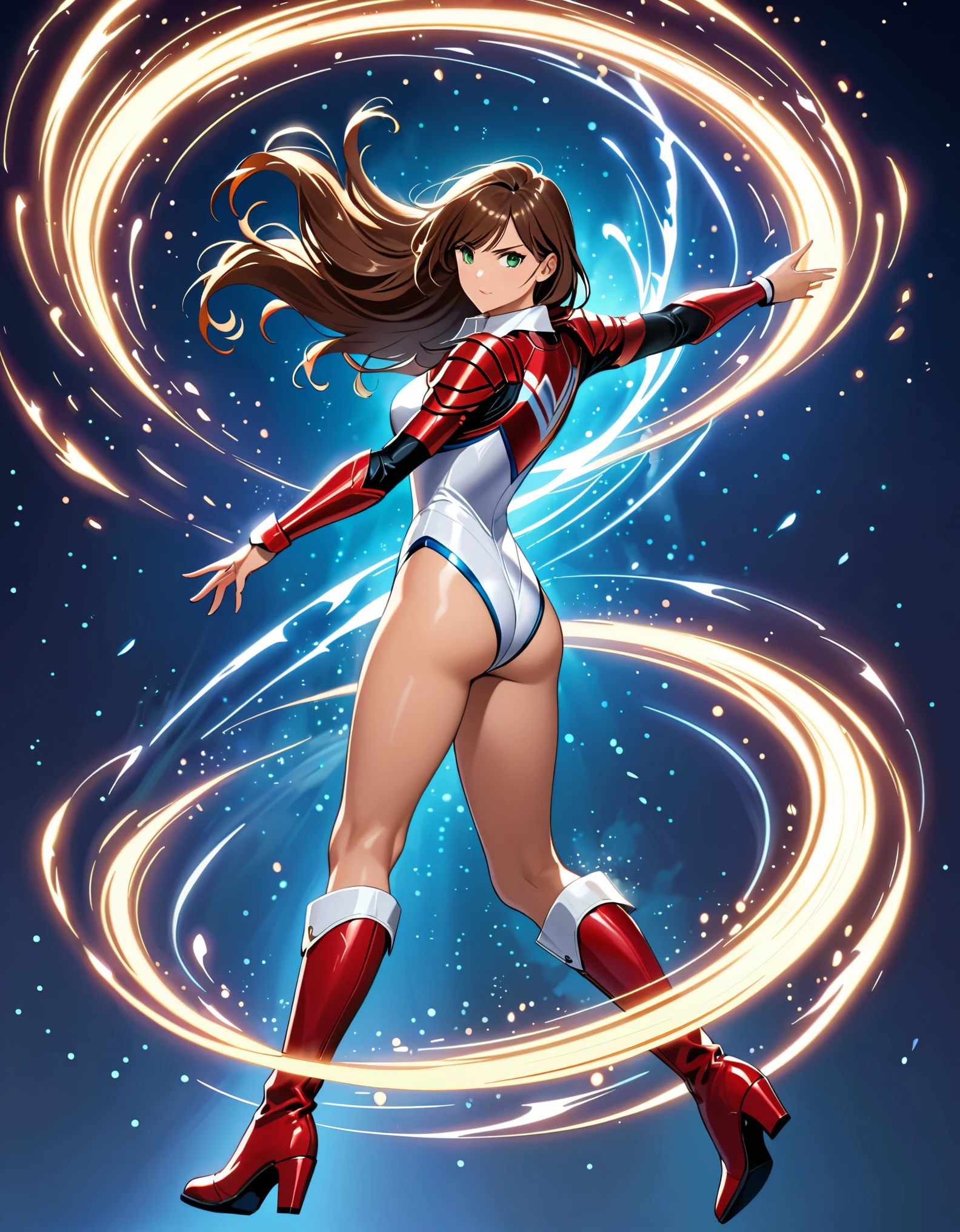 (masterpiece), (best quality), (high res), 1lady, tall body, professional, beautiful detailed eyes, beautiful detailed face, serious, perfect hands, complete fingers, perfect anatomy, perfect proportions, ((brown hair, medium hair, hair down)), ahoge, ((green eyes)), ((leotard, white leotard, matching leotard)), ((white dress collar, open collar)), ((bare legs)), ((boots, matching boots, ankle-high boots, red boots)), breasts, medium breasts, (full body portrait), (solo, solo focus), cowboy shot, space backdrop, (((yellow upside-down chevron) (symbol) on chest)), ((red leather jacket, open jacket)). (T-pose, legs together). (fast spin, spins fast in place like a tornado, whirls fast in place like a tornado, tornado whirling, spiral lines around her, speed lines around her, spinning energy pulse around her, storm winds around her, whirls into a tornado, (she whirls) in (super speeds)). full body costume design. curved sword slash. she super-spins. time travel, time warp. ((back view, rear view, from behind)).
