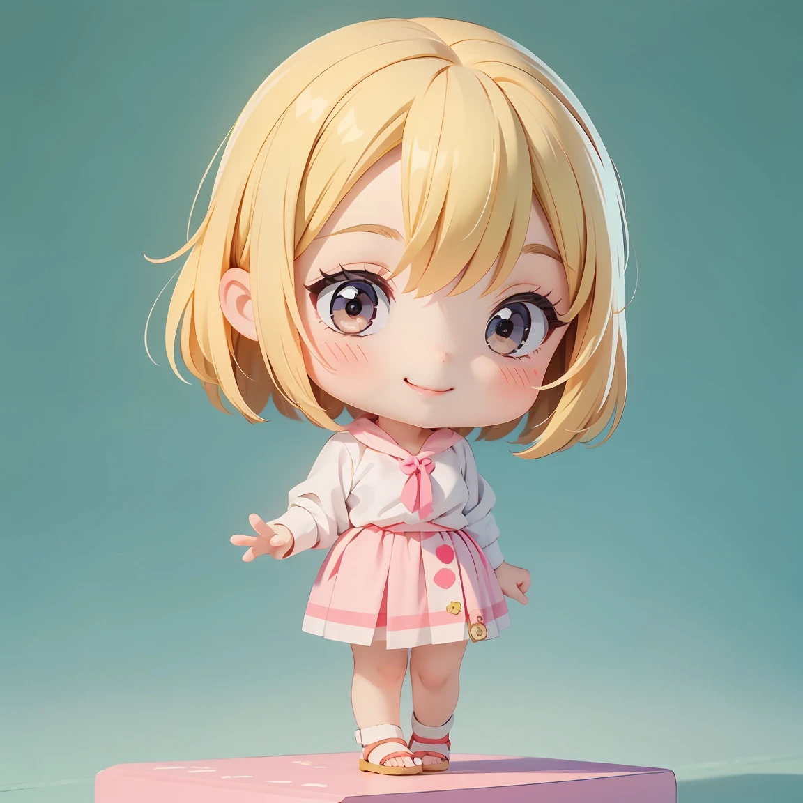 Super Chibi Character:1.8、wearing cute sandals、All-over simple and light color background:1.8、Blonde Hair、Cute 7 year old girl、Random cute outfits、Super Chibi Character:1.8、smile、Super Smile、Doing a handstand、Doing a handstand