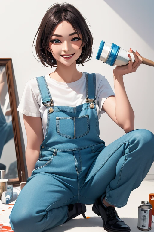 Highest quality　High resolution　Simple　White overalls work clothes　A woman holding a paint can and a brush　There is a little paint on the clothes or body.　Abandoned house　20 years old　cute　smile