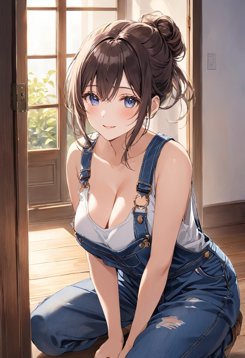 masterpiece, best quality, ultra detailed, detailed eyes, sparkling eyes, ((nsfw)), ((huge breasts, cleavage)), The image is an anime-style illustration depicting a young woman standing in a doorway. She has long, dark hair styled in a messy updo with a few loose strands framing her face. Her eyes are large and expressive, with a warm, inviting gaze that is directed slightly upward, as if looking at someone taller. She has a gentle smile on her face, conveying a friendly and approachable demeanor. She is wearing denim overalls over a white tank top. The overalls are slightly distressed, giving them a casual, worn-in look. The straps of the overalls are fastened with metal clasps, and the denim has visible stitching details, adding to the realism of the fabric texture. The tank top is fitted, emphasizing her figure, and the overall outfit suggests a relaxed, informal setting, perhaps in a rural or home environment. The setting appears to be a sunlit room, with light streaming in from a window or open door. This creates a soft, natural illumination on the woman, highlighting her features and casting gentle shadows. The flooring is wooden, further contributing to the warm, homely atmosphere. The woman's posture is slightly leaning forward, with her hands resting on her knees, suggesting a curious or engaged attitude, as if she is listening intently or about to step outside. Overall, the image combines elements of realism and anime-style art, creating a charming and inviting scene that captures a moment of everyday life with a touch of artistic exaggeration.