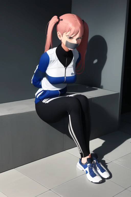 ((1 girl)), ((twin tails)), (sexy),  ((simple_background)), ((concrete floor, concrete wall)), ((underground room)), ((arms behind back)), ((scowl)), ((sitting on the knees)), ((tape gag)), ((tied legs)), ((tied ankle)), ((helpless)), ((calm)), ((struggling)), (blue tracksuit,tracksuit,tights pants, long black pants)