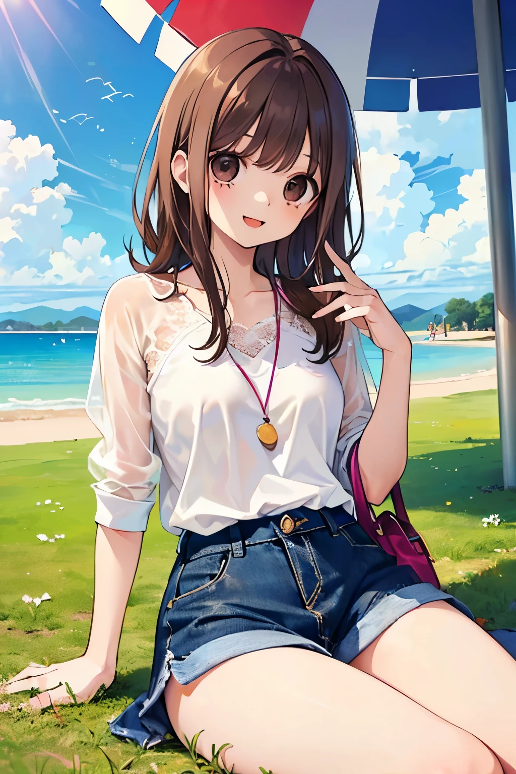beautiful cute girl,((brown hair:1.2)),(Medium wave hair:1.1),(beige eyes:1.2),(cute Lady:1.25),(Fluttery and cool summer clothes:1.2),((check pattern costume:1.0)),((lace:1.2)),(首を傾げる:1.3),((Happiness:1.1)), (sitting on the grass with one's legs tucked under to one side:1.15),(leisure seat:1.1),((open your mouth,smile