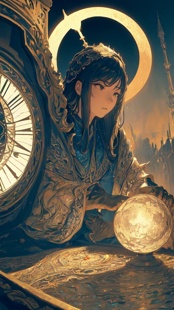 (masterpiece, Highest quality, Very detailed, Best Shadow), (Detailed Background,Dark fantasy), (Beautifully detailed landscapes), High Contrast, (Best lighting, Very delicate and beautiful), ((Cinematic Light)), colorful, Hyper Detail, Dramatic Light, Intricate details, Dynamic Angle), Black light swirling around, Depth of written boundary,black light particles,(Broken glass),magic circle,water,huge clocks,zero,the sun and the moon,Landscape only,There are no people,Watch Center,A clock sinking in water,Blue glowing light,Huge tower and city,Landscape,青く輝く光,天の川