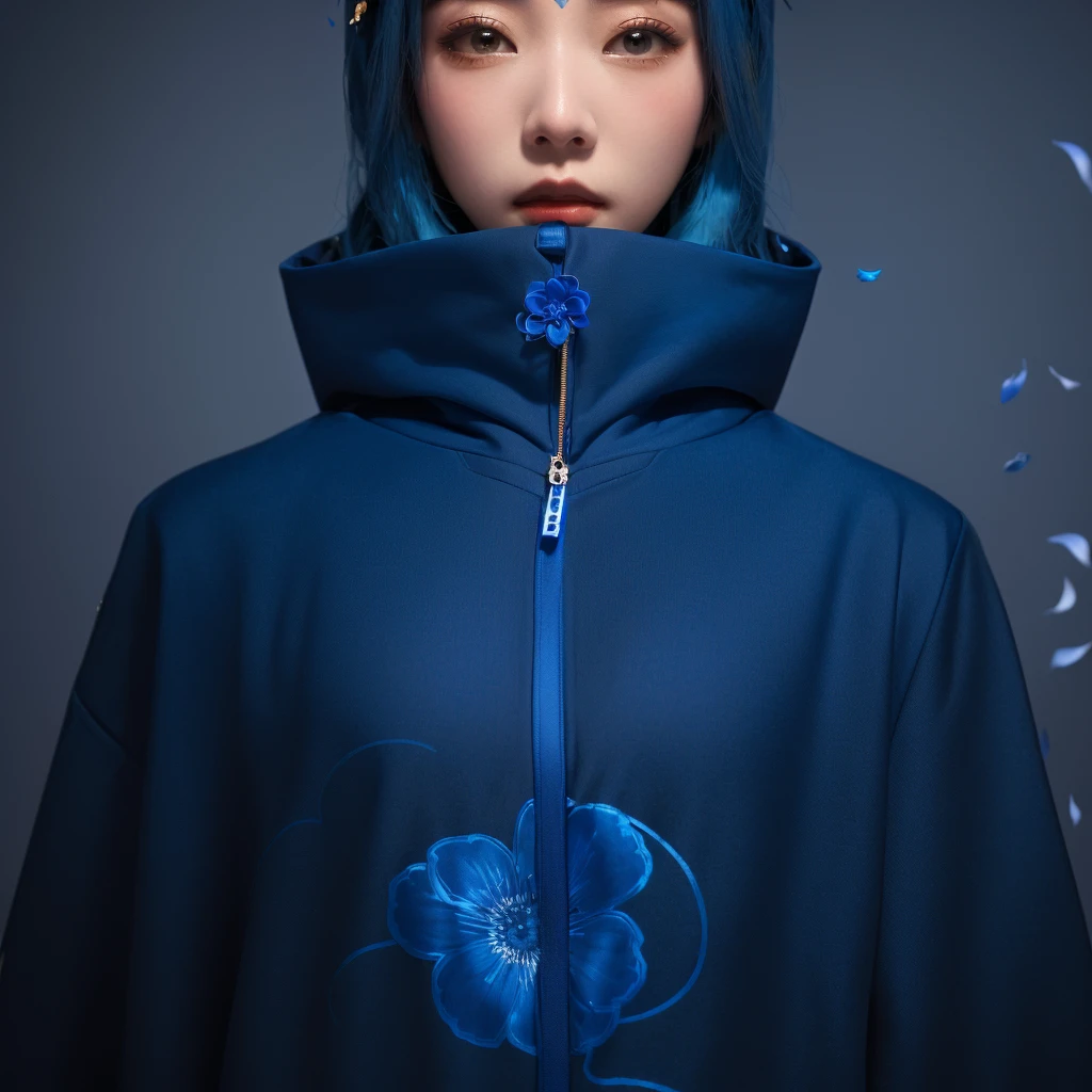 Arabian woman with blue hair and a blue hoodie with flowers, Inspired by Shinsui Ito, decorative dark blue clothing, Inspired by Rouki, Works inspired by Kano Hogai, Pop Japonism 3d Ultra Detailed, Inspired by Mei Qing, dark blue + Dark orange, harmony blue jacket, Inspired by Gao Sen