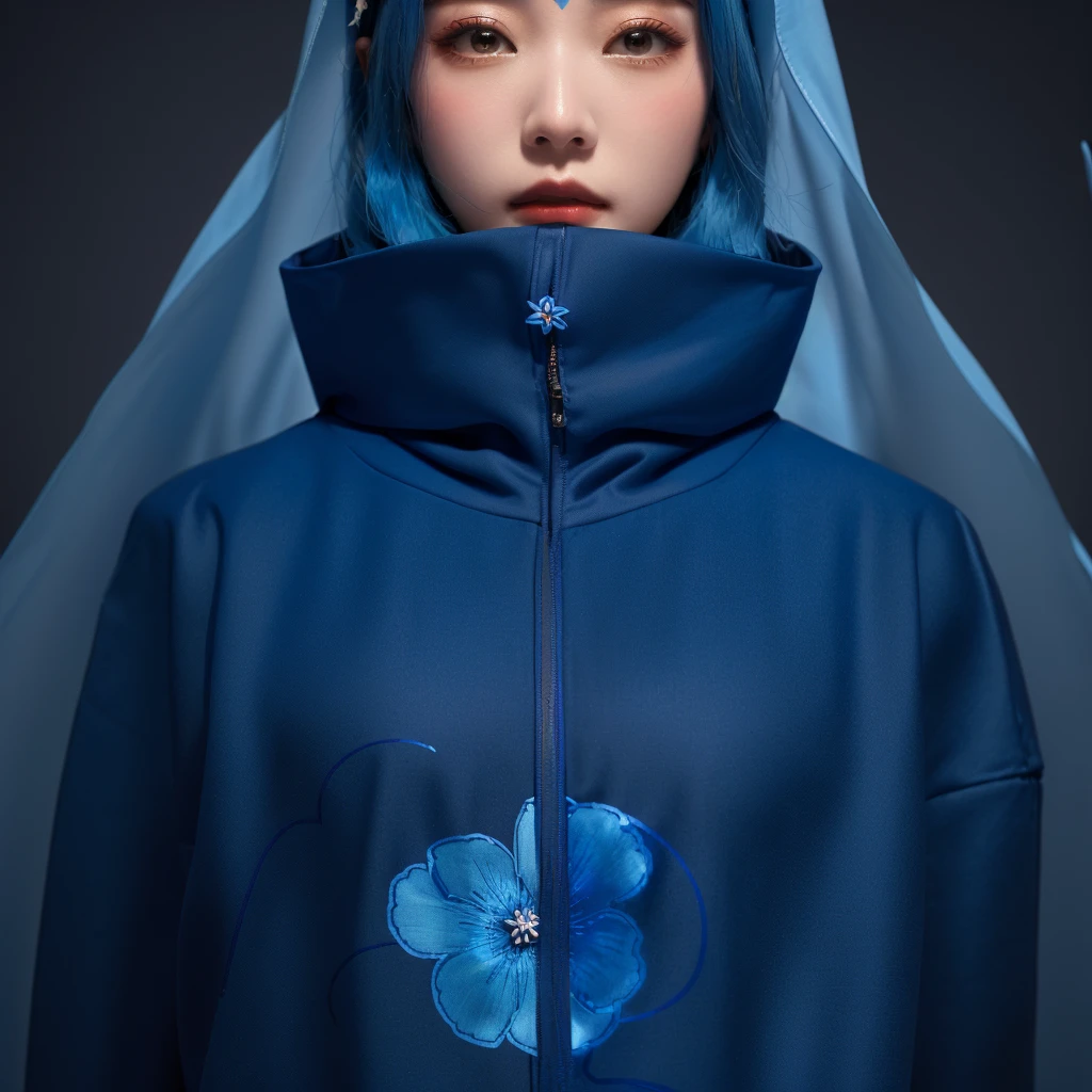 Arabian woman with blue hair and a blue hoodie with flowers, Inspired by Shinsui Ito, decorative dark blue clothing, Inspired by Rouki, Works inspired by Kano Hogai, Pop Japonism 3d Ultra Detailed, Inspired by Mei Qing, dark blue + Dark orange, harmony blue jacket, Inspired by Gao Sen