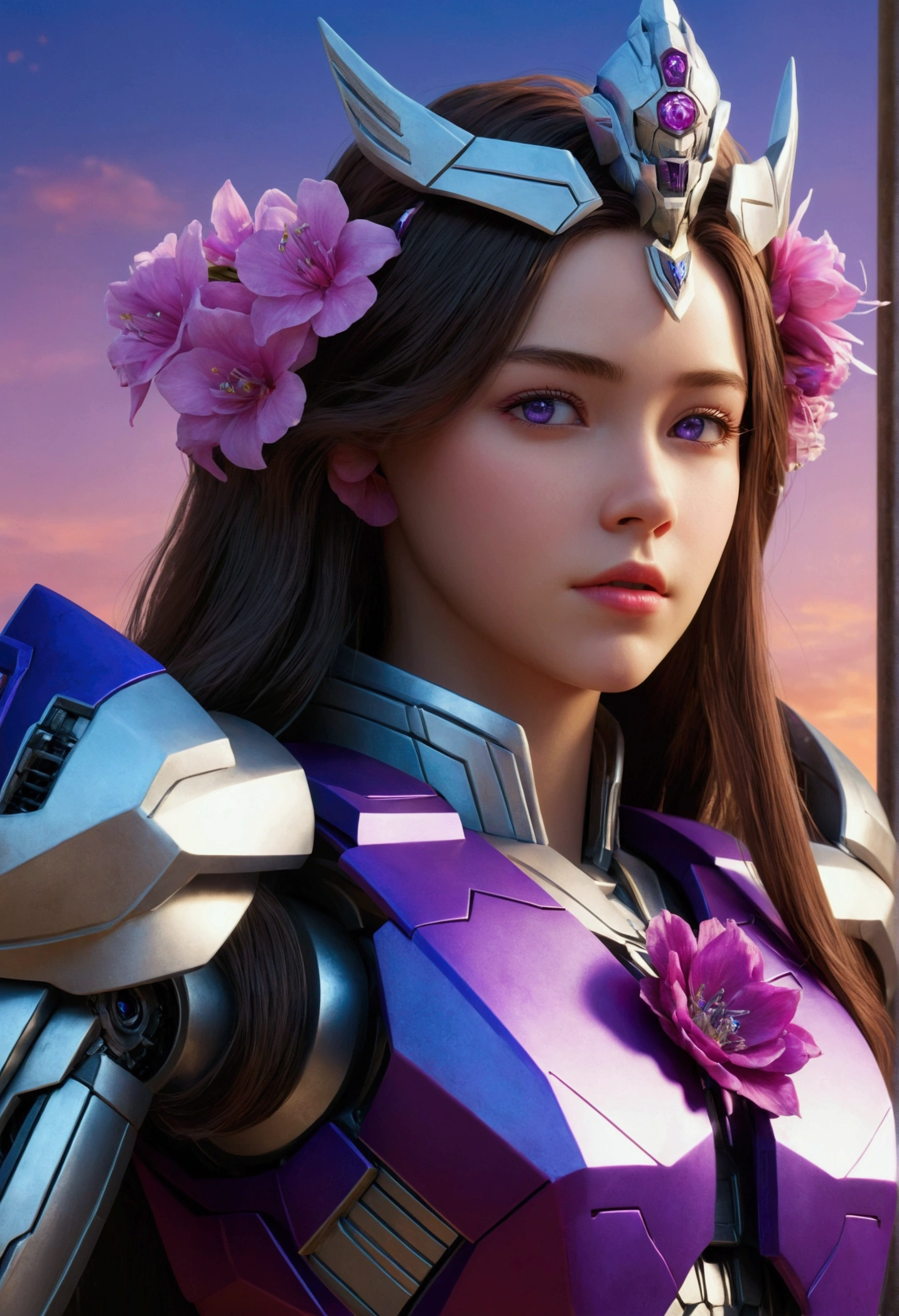 a girl, Emilia Li:zero, crown blade, flower hair accessories, long hair, purple eyes, fantasies, Optimus Prime and Emilia, robot and human size, transformers, highly detailed, (best quality,4k,8k,highres,masterpiece:1.2),ultra-detailed,(realistic,photorealistic,photo-realistic:1.37),HDR,UHD,studio lighting,ultra-fine painting,sharp focus,physically-based rendering,extreme detail description,professional,vivid colors,bokeh,digital painting,concept art style