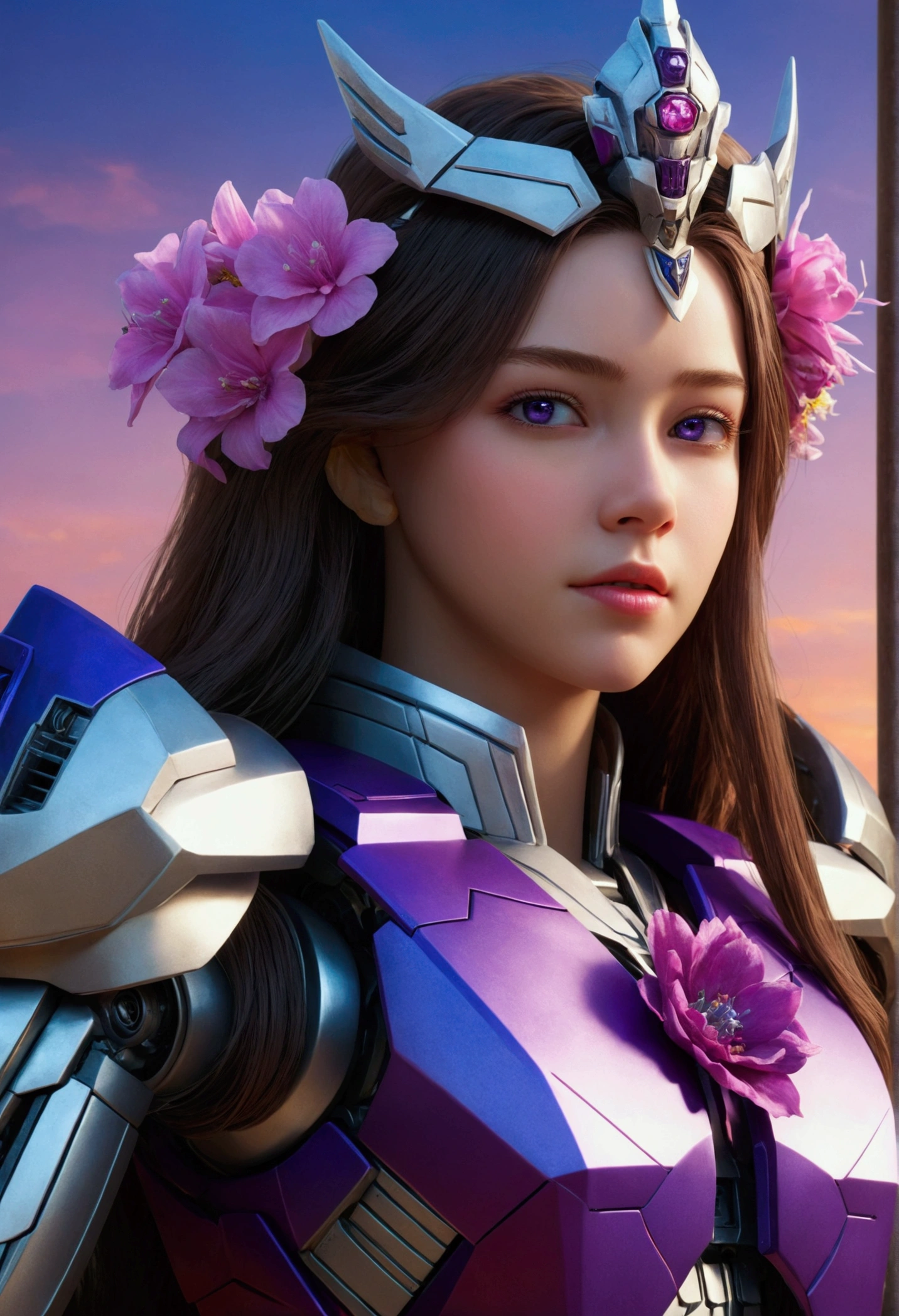 a girl, Emilia Li:zero, crown blade, flower hair accessories, long hair, purple eyes, fantasies, Optimus Prime and Emilia, robot and human size, transformers, highly detailed, (best quality,4k,8k,highres,masterpiece:1.2),ultra-detailed,(realistic,photorealistic,photo-realistic:1.37),HDR,UHD,studio lighting,ultra-fine painting,sharp focus,physically-based rendering,extreme detail description,professional,vivid colors,bokeh,digital painting,concept art style