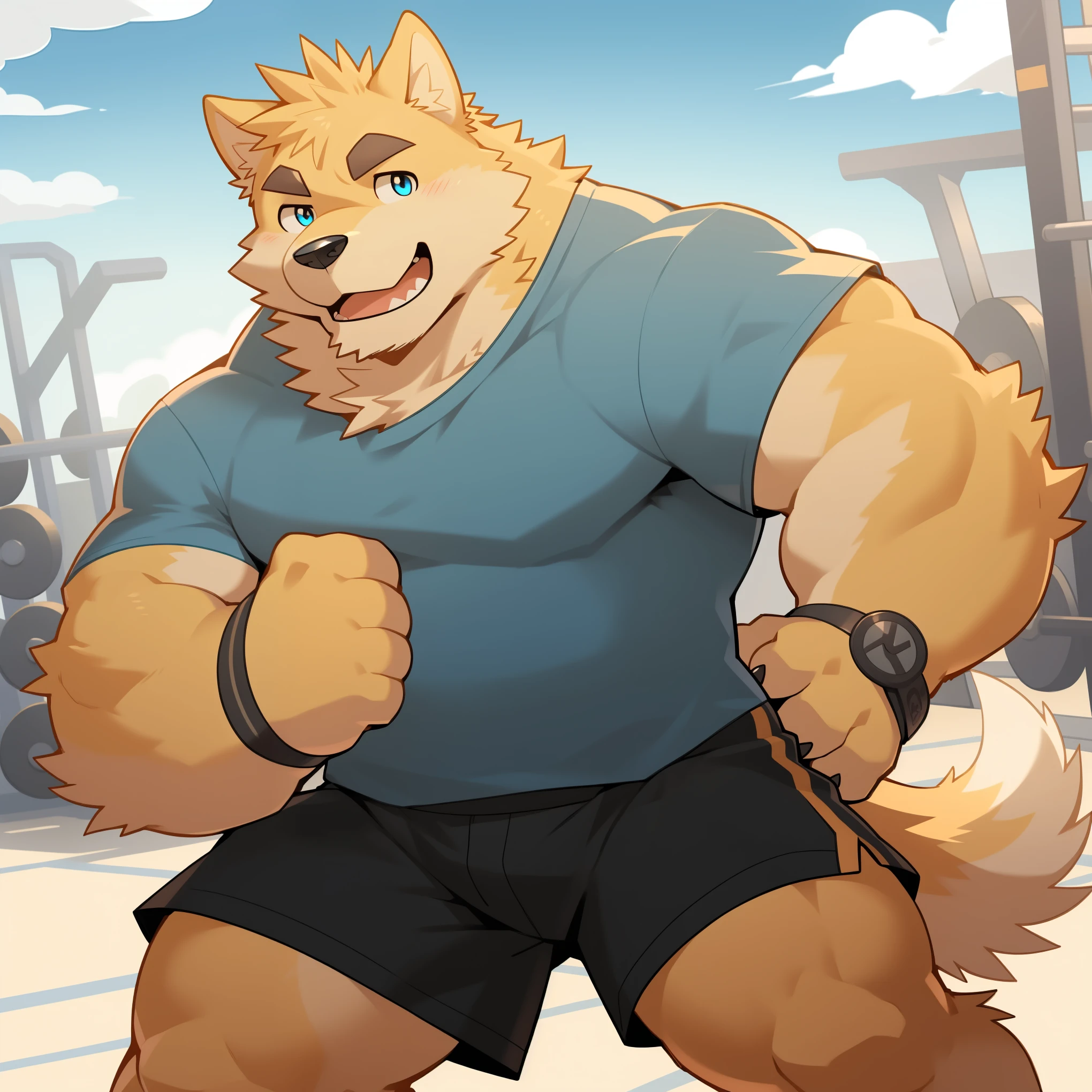 Scribble 金毛巡回dog face,Humanity(dog),(White short sleeve:1.3),Muscular,(Black eyebrows:1.1),(Perfect eyes),Yellow fur，（artist:Takemoto Arashi），Gym background，Wolf Tail，（Black shorts:1.3），paw，（Black watch:1.3）