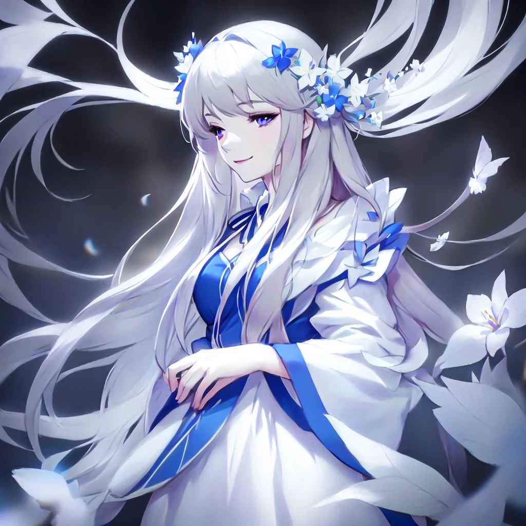 Anime girl with long white hair and blue dress with white flowers, violet eyes, smile., detailed fanart, [ Artedigital 4K ]!!, highly detailed exquisite fanart, Digital art on Pixiv, detailed digital animated art, 8K high quality detailed art, digital animated art, guweiz style artwork, made with anime painter studio, ! dream art germ, fanart best art station