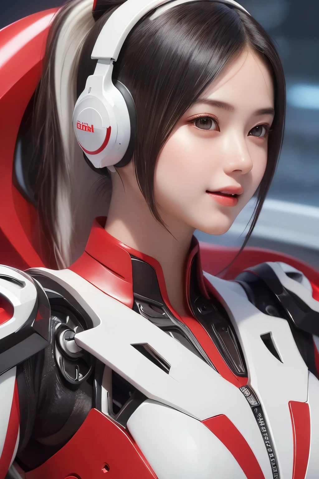 Top Quality, Masterpiece, Ultra High Resolution, (Photorealistic: 1.4), Raw Photo, 1 Girl, Black Hair, Glossy Skin, 1 Mechanical Girl, (((Ultra Realistic Details)), Portrait, Global Illumination, Shadows, Octane Rendering, 8K, Ultra Sharp, Intricate Ornaments Details, realistic skin, sweat effect, ((wearing Headphone)), very intricate detail, realistic light, CGSoation trend, brown eyes, glowing eyes, matte red and glossy white mechanical bodysuit, Long hair, black hair, Ponytail hair, Half body shot, spaceship bridge background, dynamic pose, cute smile, close up, Open Mouth, red collar, white suit