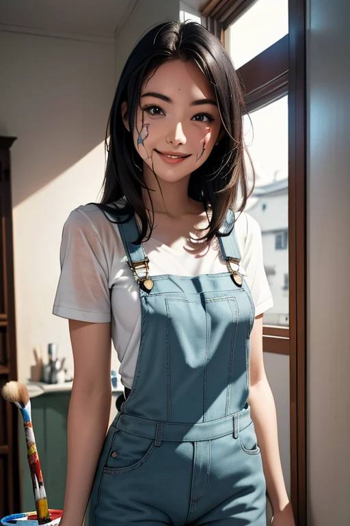 Highest quality High resolution Simple White overalls work clothes A woman holding a paint can and a brush There is a little paint on the clothes or body. Abandoned house 20 years old cute smile