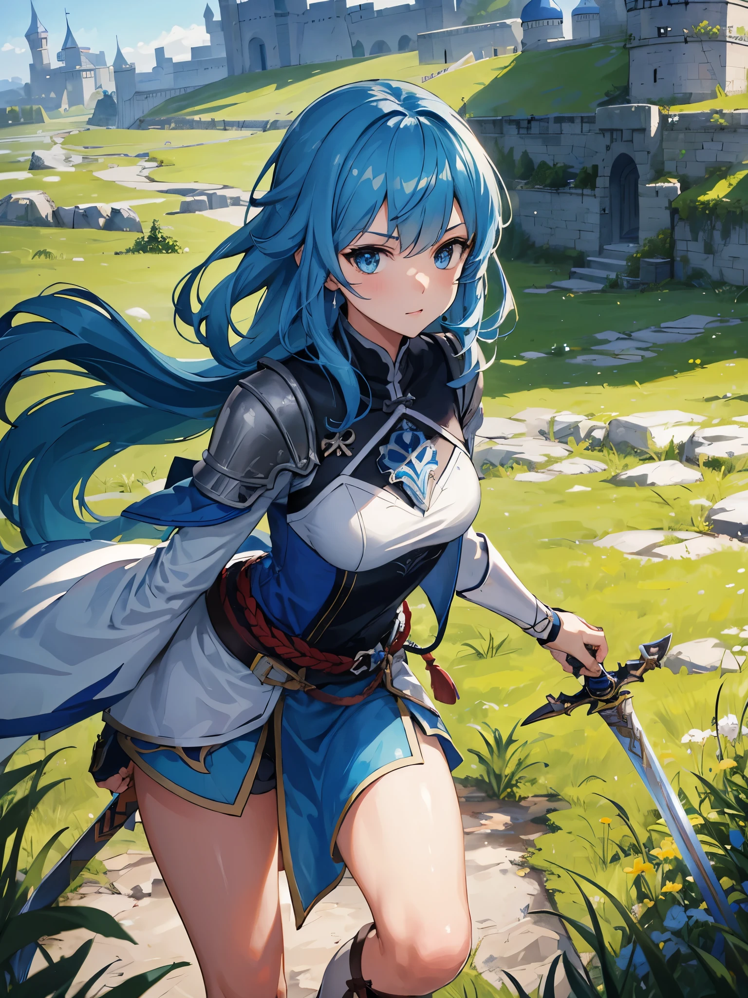 1girl, sword, wearing blue armor, castle, tall grass, absurdres, high res, ultrasharp, 8K, masterpiece, looking at viewer, genshin