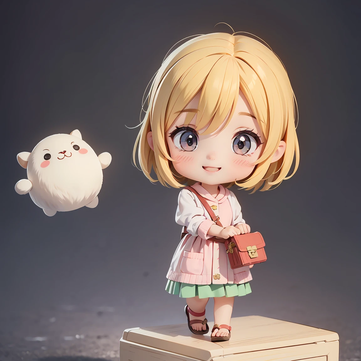 Super Chibi Character：1.8、wearing cute sandals、All-over simple and light color background：1.8、Blonde Hair、Cute 7  girl、Random cute outfits、Super Chibi Character：1.8、smile、Super Smile、On the go、carrying a suitcase