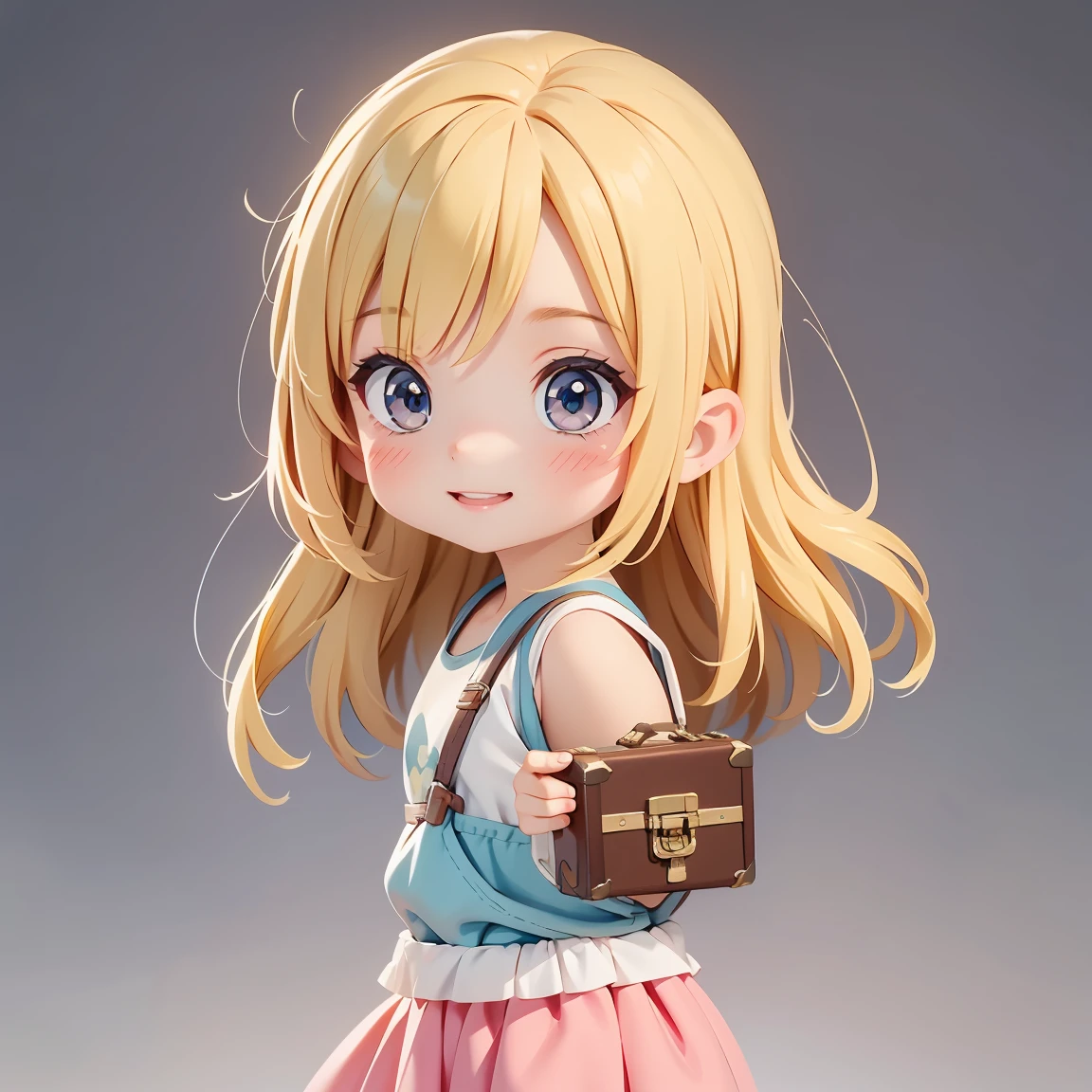 Super Chibi Character:1.8、wearing cute sandals、All-over simple and light color background:1.8、Blonde Hair、Cute 7 year old girl、Random cute outfits、Super Chibi Character:1.8、smile、Super Smile、On the go、carrying a suitcase