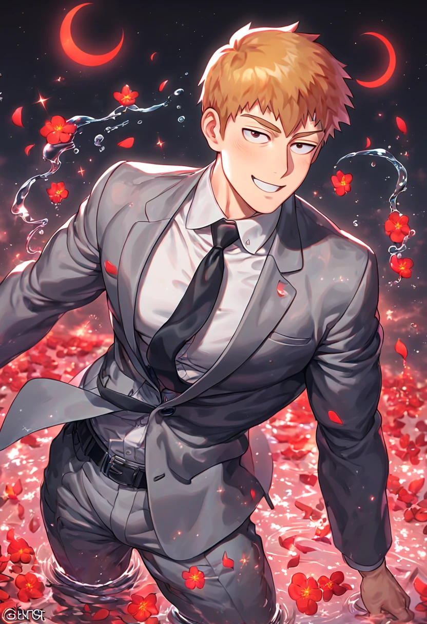 absurdres, highres, ultra detailed, HDR, master piece, Reigen Arataka, reddish-blond hair, short hair, expressive dark brown eyes, dark grey business suit, black necktie, mob Psycho 100, sexy man, dark grey pants, handsome, best quality, red glittering crescent moon, red flowers, fantasy, magical, solo, water, red shining fireflies, red petals, sensual, horny, manly man, handsome smile,