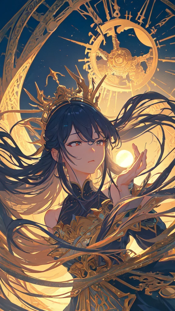 (masterpiece, Highest quality, Very detailed, Best Shadow), (Detailed Background,Dark fantasy), (Beautifully detailed landscapes), High Contrast, (Best lighting, Very delicate and beautiful), ((Cinematic Light)), colorful, Hyper Detail, Dramatic Light, Intricate details, Dynamic Angle), Black light swirling around, Depth of written boundary,black light particles,(Broken glass),magic circle,water,huge clocks,zero,the sun and the moon,Landscape only,There are no people,Watch Center,A clock sinking in water,Blue glowing light,Huge tower and city,Landscape,青く輝く光,天の川,青く輝く光,血だらけ