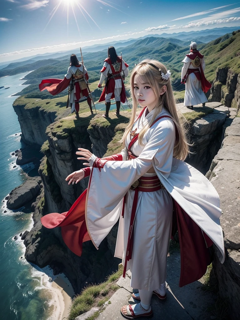 Wearing white Japanese armor with red capes, a group of seven members, the one in the center being a woman, observe the sky from the top of the cliff and below it a feudal Japanese kingdom 