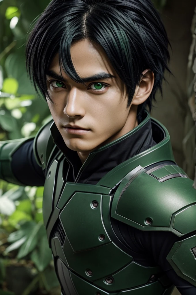 Boku no hero anime character with black hair dark green highlights and dark green eyes with plant powers that come out of the earth walls etc fighting suit 

