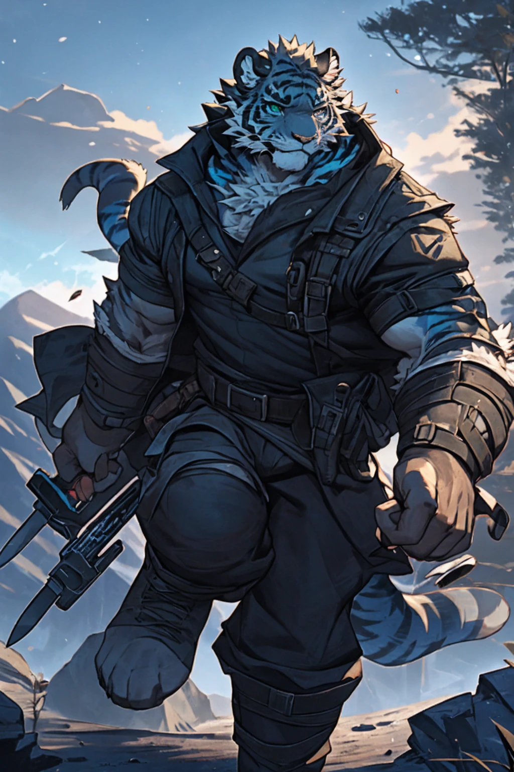 a highly detailed and realistic 8k image of a tiger with heterochromia, left eye blue and right eye green, with exquisitely detailed eyes and hands holding a knife, set in a rugged, post-apocalyptic landscape with a strong, muscular physique, wearing a blue and black fur coat, facing the viewer