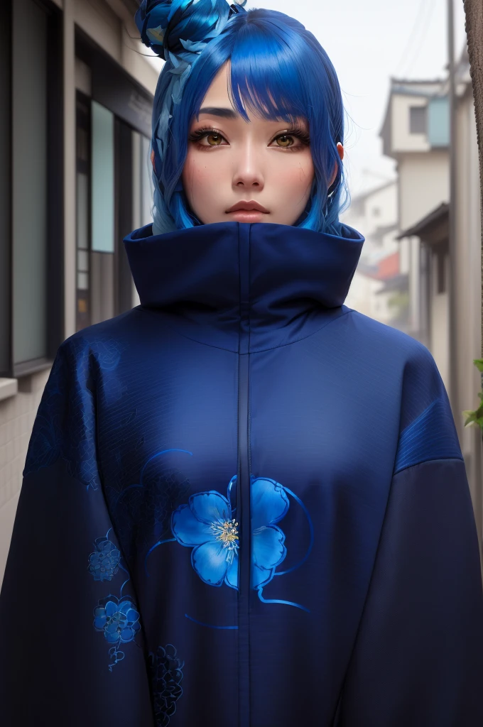 Arabian woman with blue hair and a blue hoodie with flowers, Inspired by Shinsui Ito, decorative dark blue clothing, Inspired by Rouki, Works inspired by Kano Hogai, Pop Japonism 3d Ultra Detailed, Inspired by Mei Qing, dark blue + Dark orange, harmony blue jacket, Inspired by Gao Sen