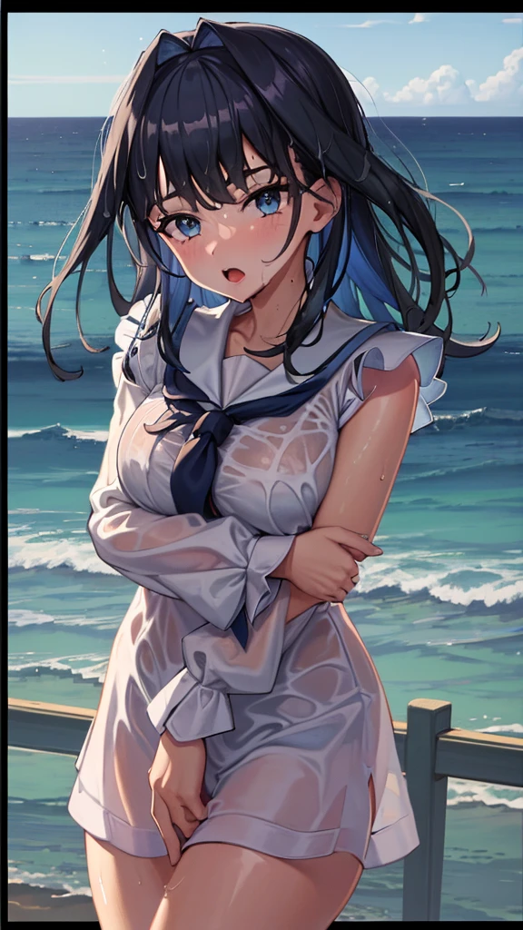 ((Clothing wetness: 1.4)), ((Underwear visible)), (Sailor suit), (Sheer skirt), Sunny blue sky, beach, (Perfect hands), (Perfect anatomy), (Perfect body structure ), ((2 arms)), ((2 legs)), ((Masterpiece, Best quality, High resolution, Ultra high resolution, Perfect pixels, Burned border depth, 4K, Super detailed)), HDR, Studio lighting, Sharp focus, Bright colors, Portrait, Warm tones, Soft lighting, standing,