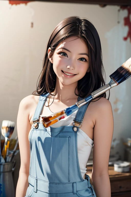 Highest quality High resolution Simple White overalls work clothes A woman holding a paint can and a brush There is a little paint on the clothes or body. Abandoned house 20 years old cute smile