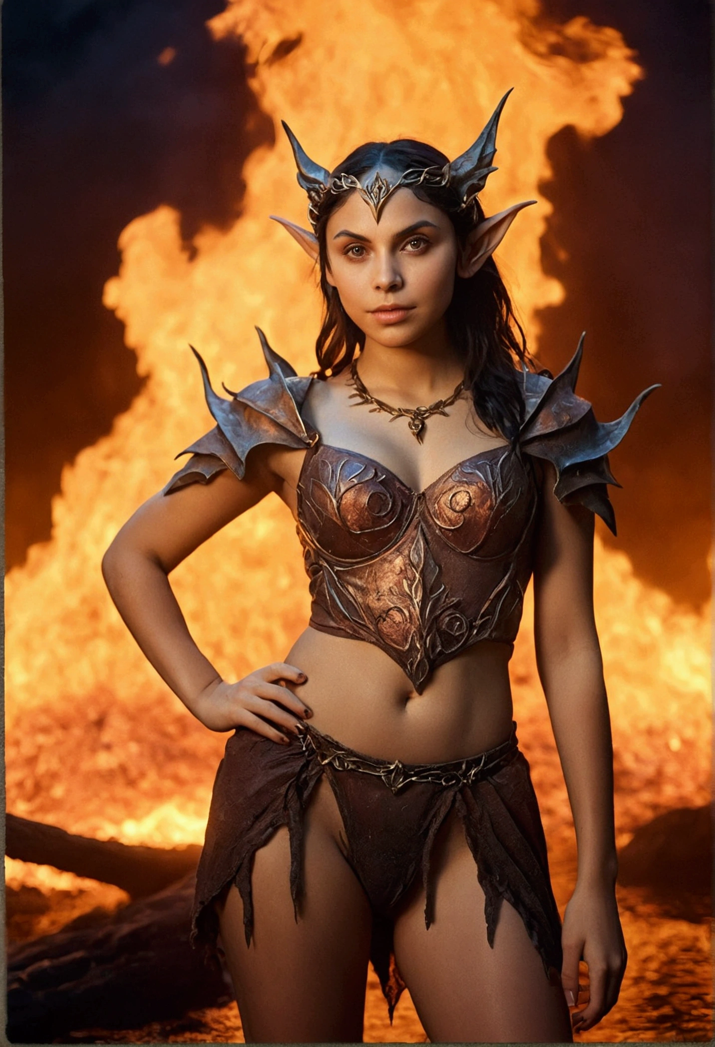 analog film photo, photo of a young fire elf, 18 years-old, female, elf, pointy ears, dark messy hair, sun-kissed complexion, sweaty skin, pretty, natural beauty, tall, full hourglass figure, thick thighs, big butt, wearing metallic undergarments, posing in a fiery lava lake, surrounded by flames and smoke, hellish landscape, nighttime, resembles Morena Baccarin, RAW Photograph, dslr, soft lighting, high quality, film grain, Fujifilm XT3, detailed skin with visible pores, insane details, masterpiece, 8k, 35mm photograph, dslr, kodachrome, faded film, desaturated, grainy, vintage, Lomography, stained, highly detailed, found footage, close-up shot, elven ears