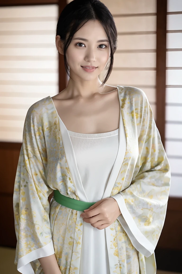 (Highest quality、Tabletop、8k、Best image quality、Award-winning works)、(One beautiful mature woman:1.1)、Adult face、(Innkeeper:1.1)、(Elegant floral kimono:1.2)、(V-neck collar:1.1)、(Cleavageが露わになる:1.2)、(Kimono that shows the chest:1.3)、(Cleavage:1.5)、(Open the chest:1.3)、(Large Breasts:1.4)、(Large Breastsの谷間を露出する:1.5)、Perfect mature woman portrait photo、Glowing Skin、Standing Elegantly、(Blurred elegant and exquisite perfect Japanese style room background:1.3)、(The most natural and perfect tidy Japanese style room background:1.2)、Glowing White Skin、Very white skin、(Accentuate your body lines:1.1)、(The most graceful posture:1.2)、A perfect smile、Perfect beautiful glossy lips、(Accurate anatomy:1.1)、(A perfect and elegant outfit:1.1)、(Standing with good posture:1.1)、(Face close-up:1.1)、(Front facing body:1.2)