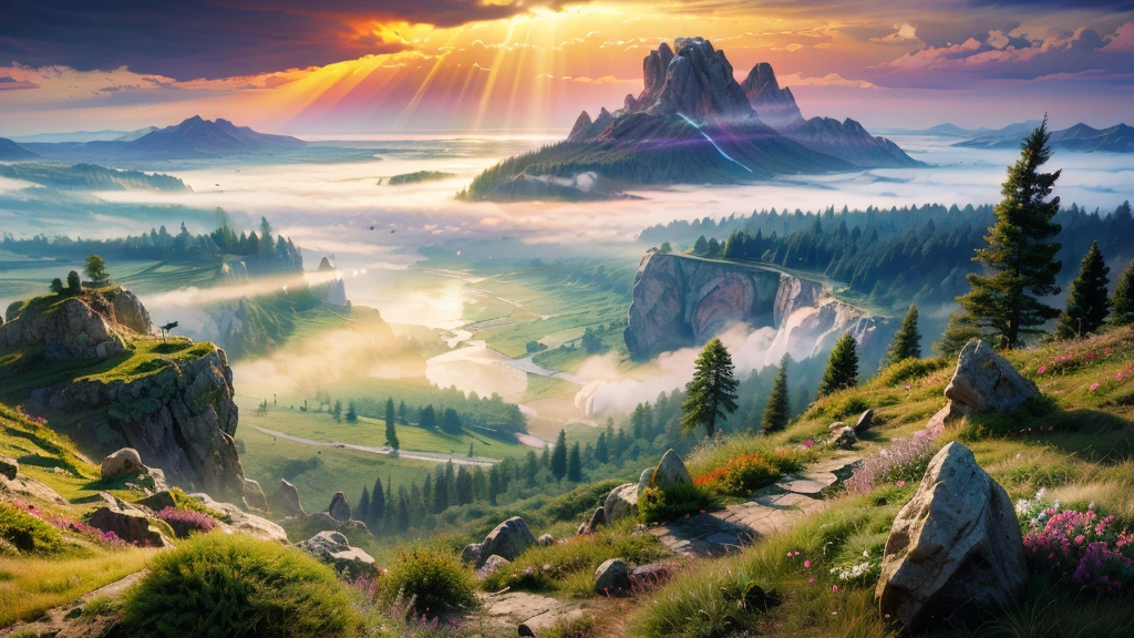 a large deep clear glowing blue lake with, island in the centre, in a valley with huge dramatic mountains towering in the distance,fantasy fairytale scenery, rocks plants flowers shrubs trees moss lawns grass redwoods,colourful sunset storm and strong sunbeams,misty hazy,extreme details,photorealistic,4k,HD,beautiful,nature, dreamy, imaginative, incredible panorama