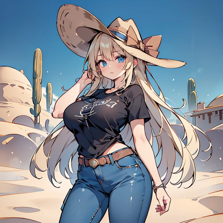 Anime Kawaii sexy Perfect Slim sensual body large breast and huge thighs, An intricate and highly detailed illustration of anime (Young girl) Maximum quality、Superior image quality、Masterpiece artwork、girl with((cute、18-years old、Better bust、medium bust、Bust 85,gorgeous blue eyes、wide open breasts,long blonde hair、A slender、Middle node、black tee,blue jeans、Enrole o cinto、serious face,cowboy hat、Cowboy Oeste)）high qualiy、linda arte、Background with((Western World、desert sands)),tabletop、Elaborate Design、visual artwork、depth of fields、The best lighting、More Detailed、8ｋ,super delicate、A little away