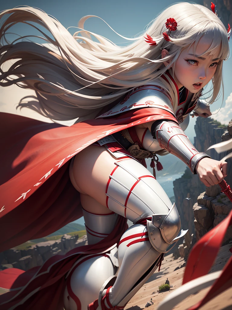 Wearing white Japanese armor with red capes, a group of seven members, the one in the center being a woman, observe the sky from the top of the cliff and below it a feudal Japanese kingdom 