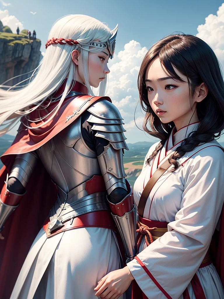 Wearing white Japanese armor with red capes, a group of seven members, the one in the center being a woman, observe the sky from the top of the cliff and below it a feudal Japanese kingdom 