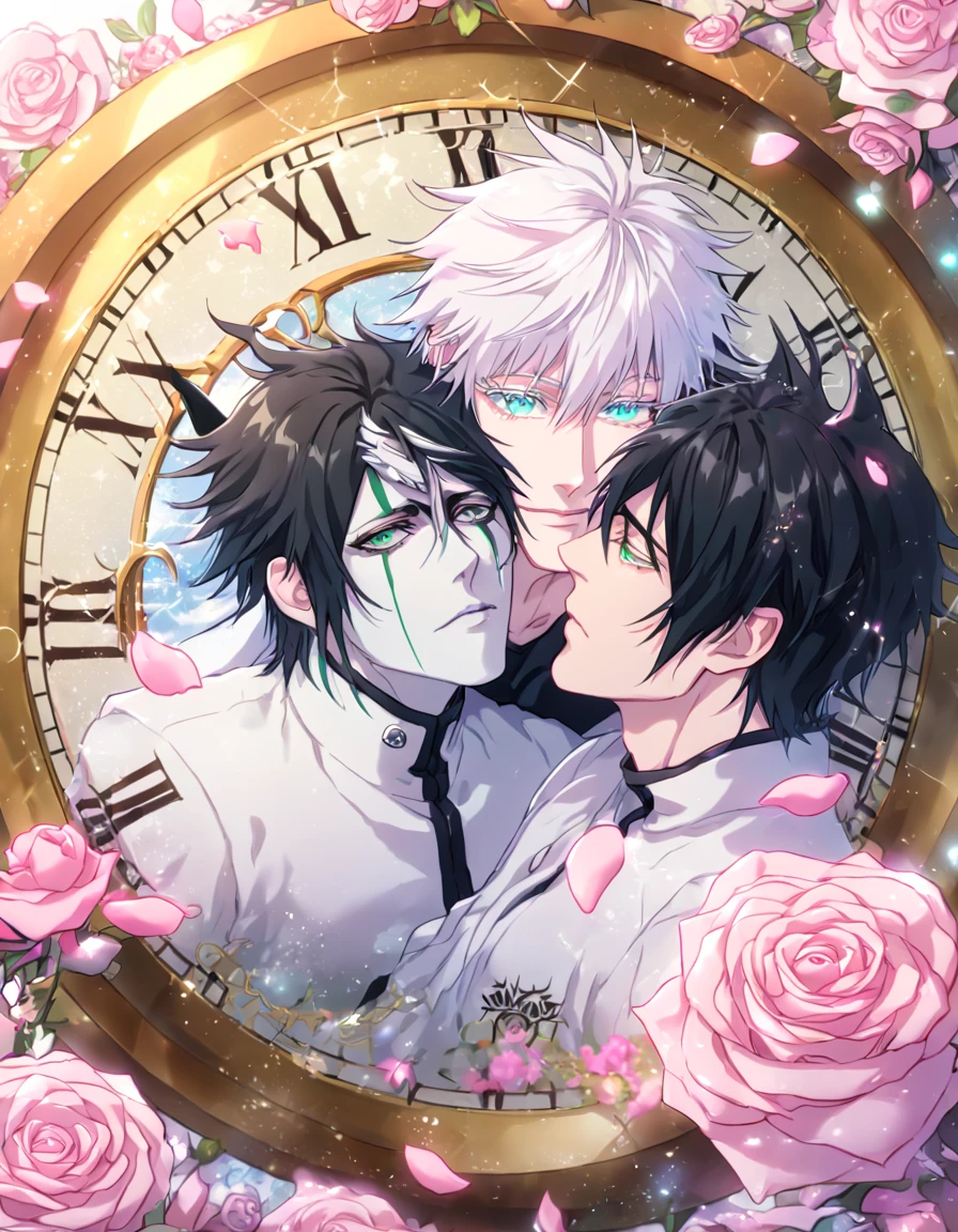 absurdres, highres, ultra detailed, HDR, masterpiece, extremely detailed, pale skin, Ulquiorra Cifer, black hair, expressive green eyes, Bleach, Gojou Satoru, white hair, expressive blue eyes, white eyelashes, two sexy men together, gay couple, yaoi, handsome, white clothes, magical, fantasy, glittering, shining, pink roses, blossoms, petals, in woderland, clock, manly man, jujutsu kaisen