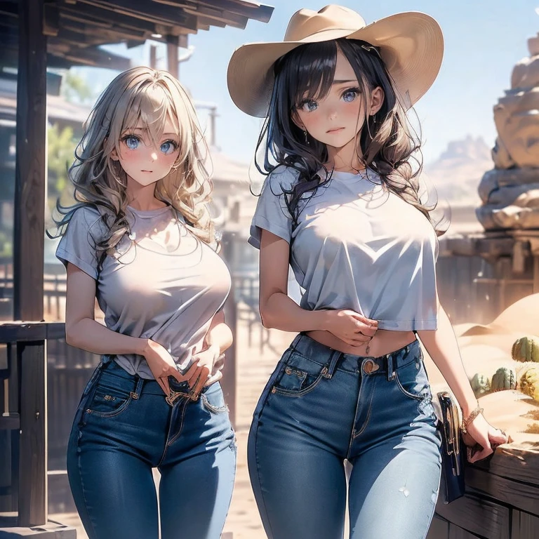 Anime Kawaii sexy Perfect Slim sensual body large breast and huge thighs, An intricate and highly detailed illustration of anime (Young girl) Maximum quality、Superior image quality、Masterpiece artwork、girl with((cute、18-years old、Better bust、medium bust、Bust 85,gorgeous blue eyes、wide open breasts,long blonde hair、A slender、Middle node、black tee,blue jeans、Enrole o cinto、serious face,cowboy hat、Cowboy Oeste))high qualiy、linda arte、Background with((Western World、desert sands)),tabletop、Elaborate Design、visual artwork、depth of fields、The best lighting、More Detailed、8k,super delicate、A little away