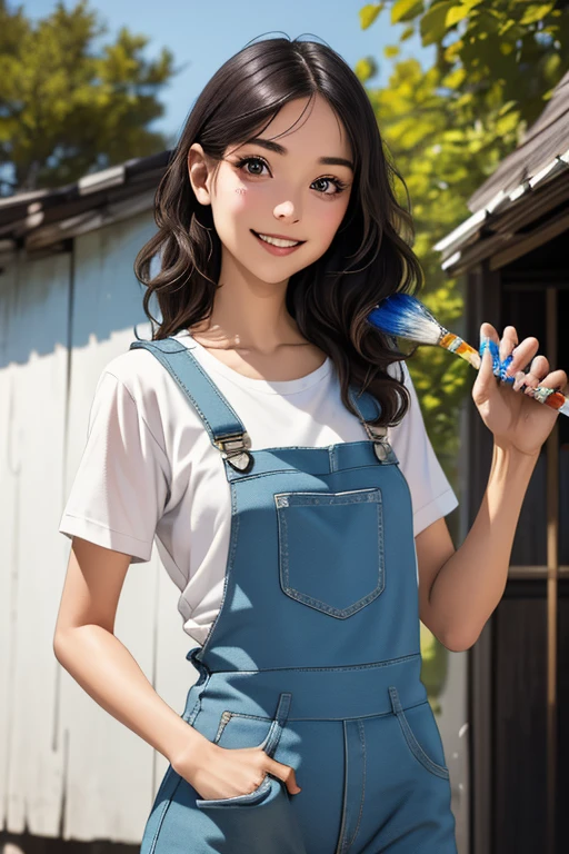 Highest quality　High resolution　Simple　White overalls work clothes　A woman holding a paint can and a brush　There is a little paint on the clothes or body.　Abandoned house　20 years old　cute　smile