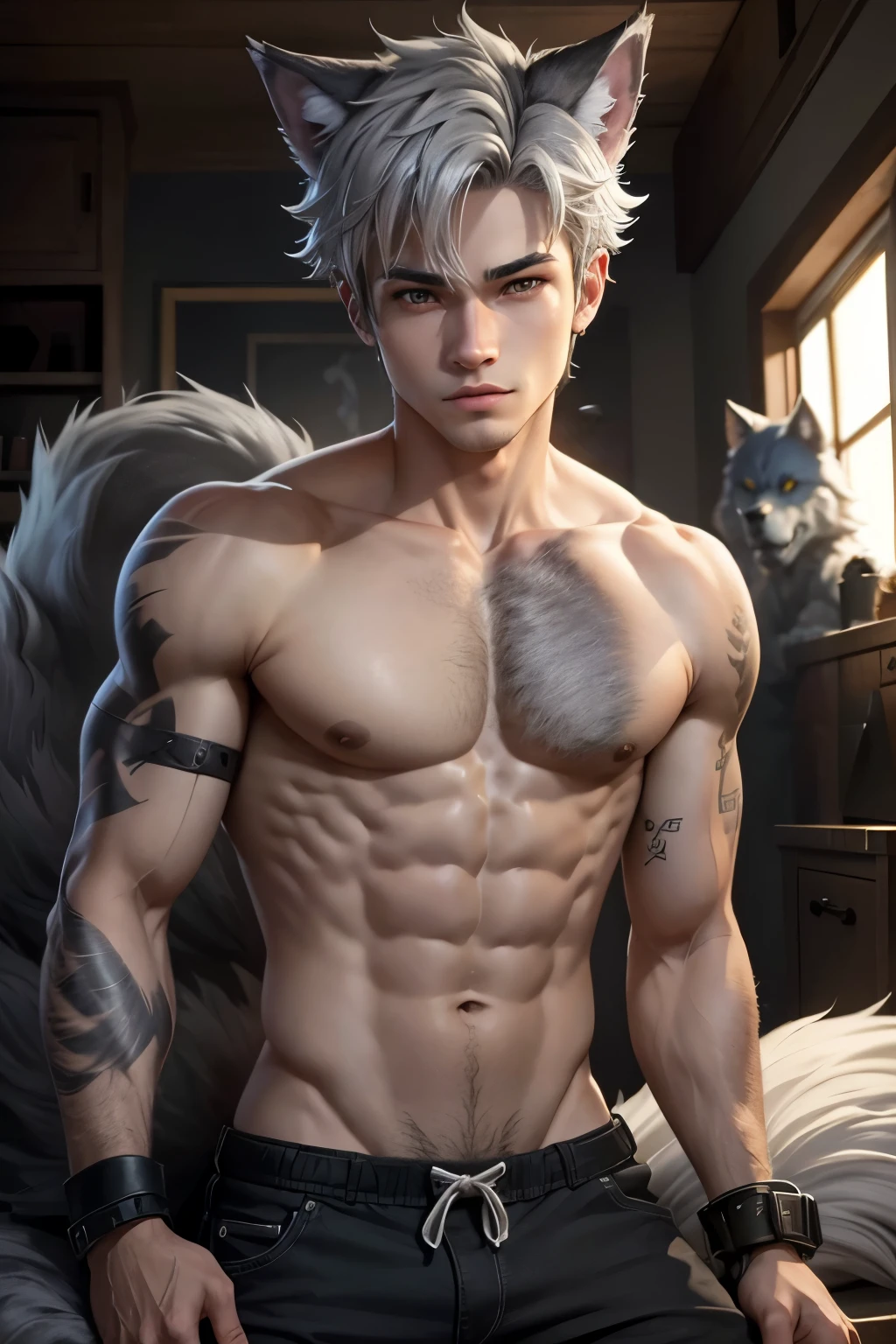 1boy, teen, wolf boy, cute face, grey hair, werewolf, wolf ears, wolf tail, weregarurumon, garurumon, sexy