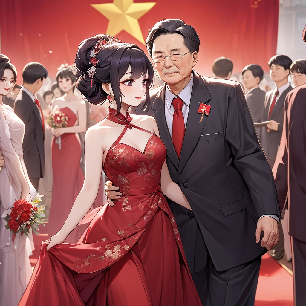 ((Highest quality)), ((masterpiece)), (detailed), （Perfect Face）、The woman is a Chinese woman named Kocho Shinobu.。, Purple gradient bob black hair and formal evening hairstyles. She is wearing an engagement ring. She is a prominent member of the Chinese Communist Party.、She is the wife of a great old Communist Party official.、The woman is beautifully dressed in a gorgeous and glamorous red wedding dress typical of the Chinese Communist Party.、She walked side by side with a dignified elderly Communist Party official down the red carpet aisle in a loving wedding ceremony.。A loving Chinese Communist couple