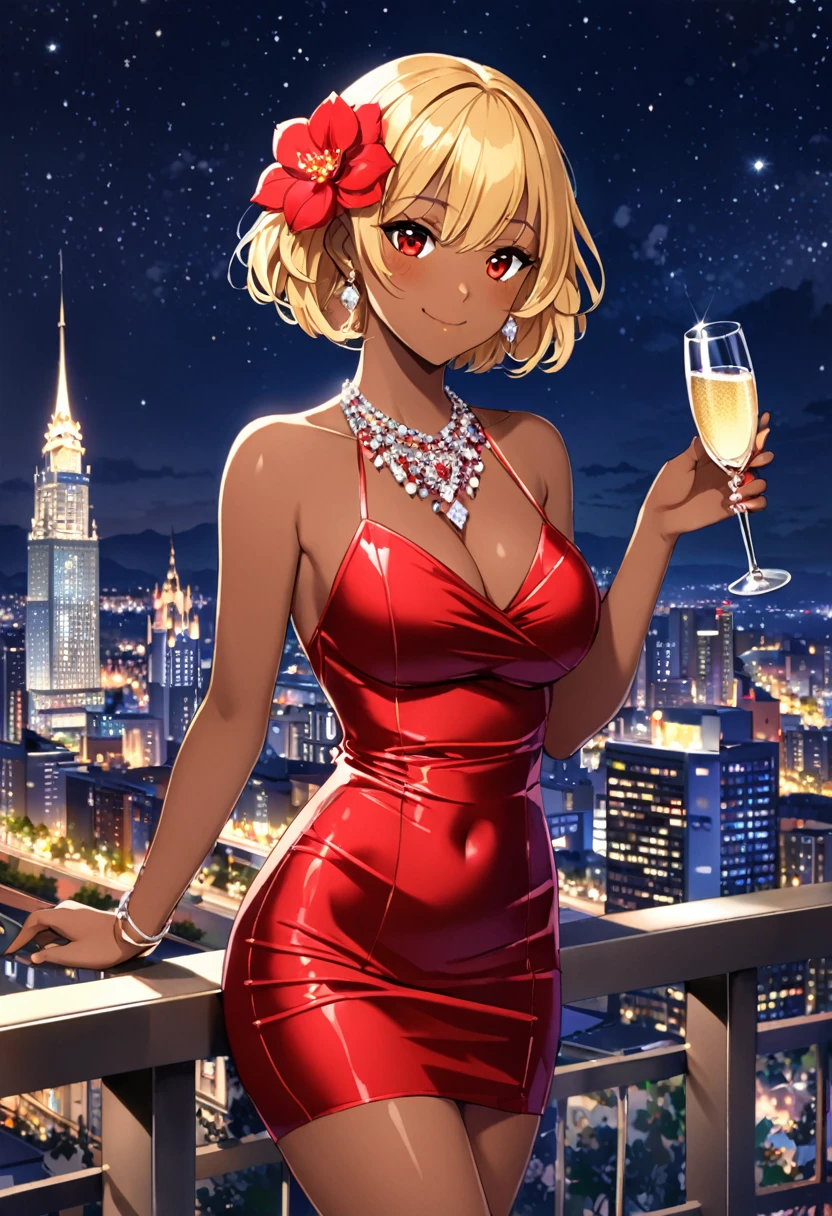 1girl, solo, dress, hair ornament, breasts, blonde hair, night, cup, flower, hair flower, red dress, jewelry, short hair, large breasts, red eyes, blush, smile, holding, looking at viewer, covered navel, dark skin, champagne flute, bare shoulders, necklace, bangs, holding cup, dark-skinned female, sleeveless, short dress, shiny, closed mouth, outdoors, cityscape, sky, drinking glass, shiny skin, night sky, shiny clothes, skin tight, alcohol, thighs, earrings, building, cowboy shot, sleeveless dress
