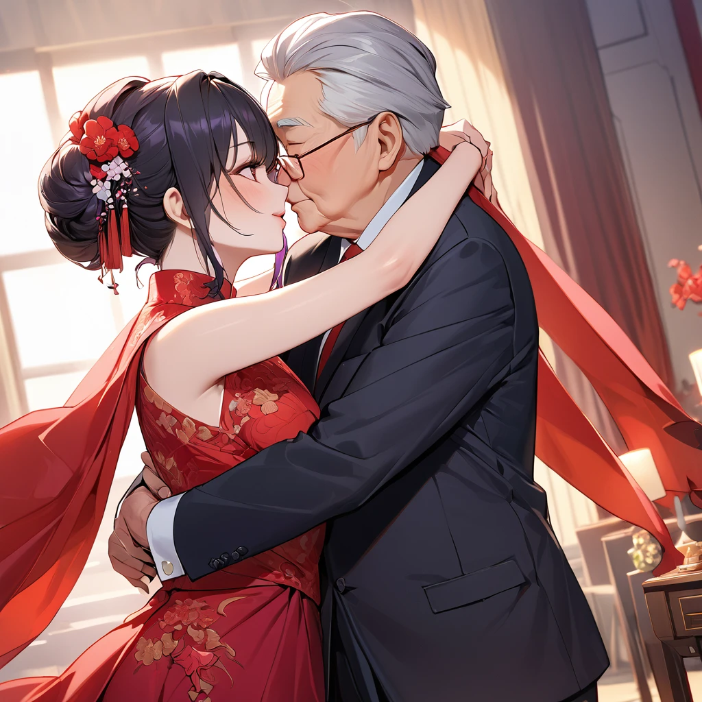 ((Highest quality)), ((masterpiece)), (detailed), (Perfect Face)、The woman is a Chinese woman named Kocho Shinobu.。, Purple gradient bob black hair and formal evening hairstyles. She is wearing an engagement ring. She is a prominent member of the Chinese Communist Party.、She is the wife of a great old Communist Party official.、The woman is beautifully dressed in a gorgeous and glamorous red wedding dress typical of the Chinese Communist Party.、She is seen in a passionate wedding ceremony with a dignified elderly Communist Party official, embracing him passionately and kissing him in a deep vow.。A loving Chinese Communist couple